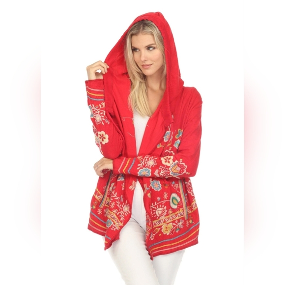 Johnny Was Tops - Johnny Was Jemima Hoodie in red with colorful floral embroidery Size S